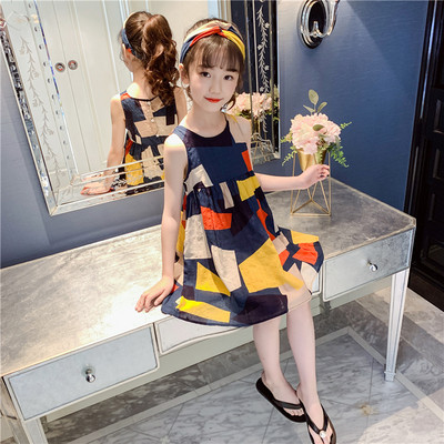 Rochie eleganta pentru copii in albastru cu motive geometrice - model drept