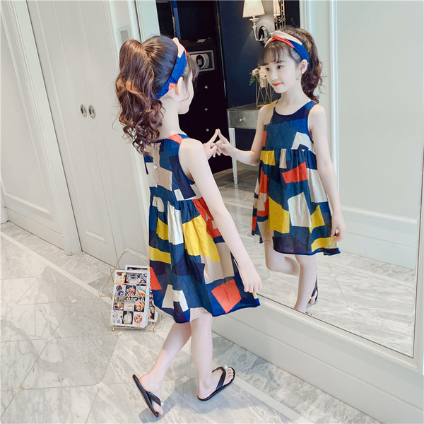 Rochie eleganta pentru copii in albastru cu motive geometrice - model drept