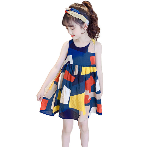 Rochie eleganta pentru copii in albastru cu motive geometrice - model drept