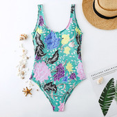 Модерен цял бански костюм с гол гръб и цветен десен