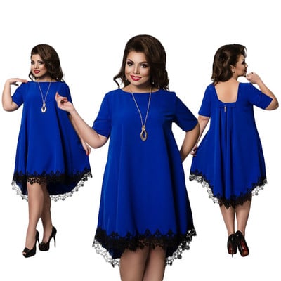 Стилна дамска рокля в син цвят с дантела - големи размери до 6XL