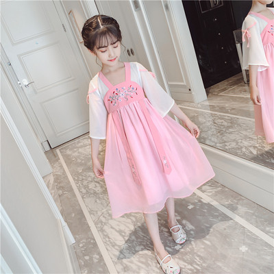 Модерна детска дълга разкроена рокля в розов цвят с бродерия