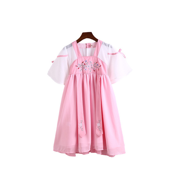 Модерна детска дълга разкроена рокля в розов цвят с бродерия