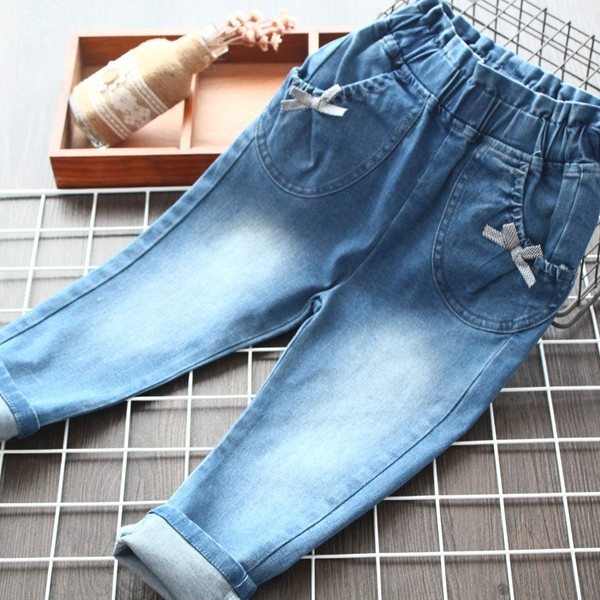 Blugi pentru copii eleganti cu buzunare pentru fete in albastru