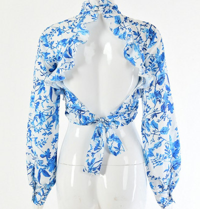 Cămașă elegantă de damă cu spatele gol și model floral în alb