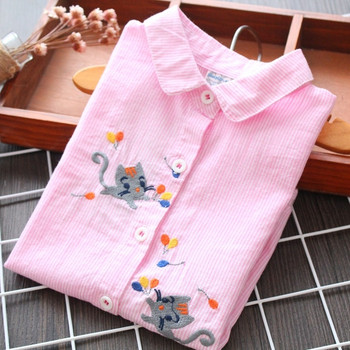 Раирана детска риза за момичета с бродерия в розов цвят