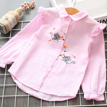 Раирана детска риза за момичета с бродерия в розов цвят