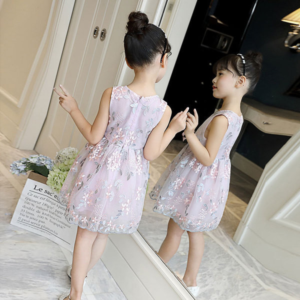 Rochie moderna pentru copii pentru fete cu motive florale in albastru si roz