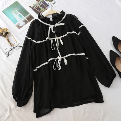 Стилна дамска риза с панделка в черен и бял цвят