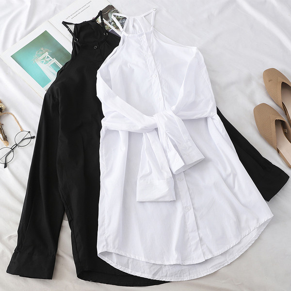 Camasa moderna de dama model larg cu umerii goi in alb si negru