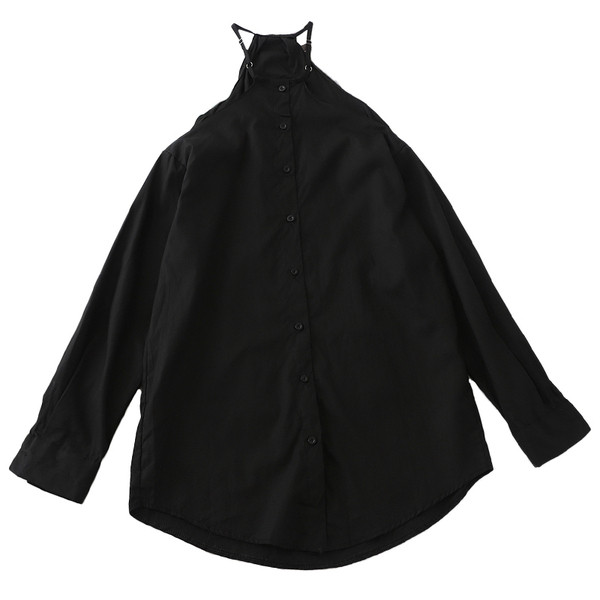 Camasa moderna de dama model larg cu umerii goi in alb si negru