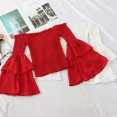 Bluză de damă actuală elastică cu mâneci lotus în roșu și alb