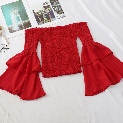 Bluză de damă actuală elastică cu mâneci lotus în roșu și alb