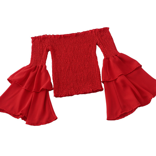 Bluză de damă actuală elastică cu mâneci lotus în roșu și alb