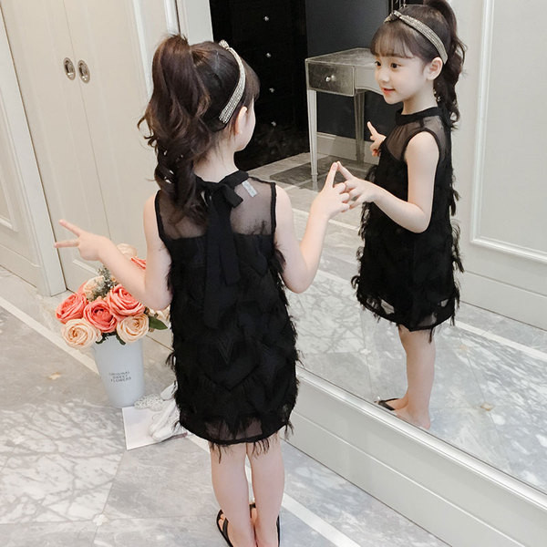 Rochie moderna pentru copii pentru fete in trei culori cu franjuri si panglica