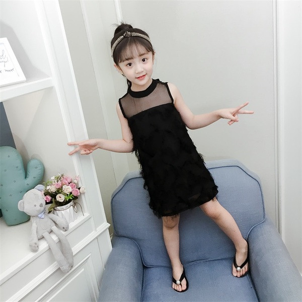 Rochie moderna pentru copii pentru fete in trei culori cu franjuri si panglica