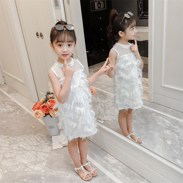 Rochie moderna pentru copii pentru fete in trei culori cu franjuri si panglica