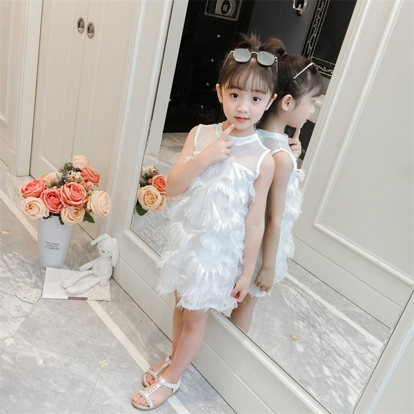 Rochie moderna pentru copii pentru fete in trei culori cu franjuri si panglica