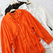 Camasa moderna de dama cu maneca lunga in alb, negru si portocaliu