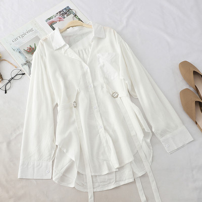 Camasa moderna de dama cu maneca lunga in alb, negru si portocaliu