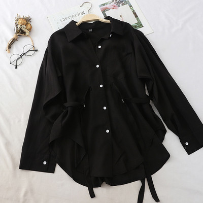 Camasa moderna de dama cu maneca lunga in alb, negru si portocaliu