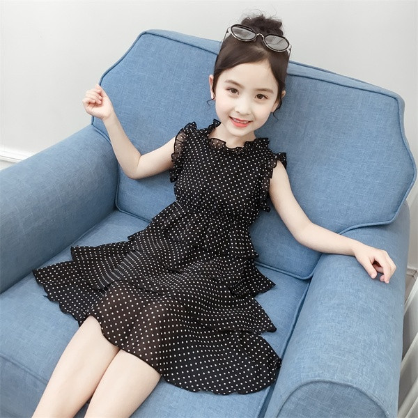 Rochie casual pentru copii pentru fete de culoare alb-negru cu puncte