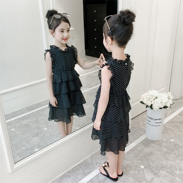 Rochie casual pentru copii pentru fete de culoare alb-negru cu puncte