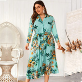 Rochie lungă de damă cu mâneci lungi și legături în talie cu model albastru și floral