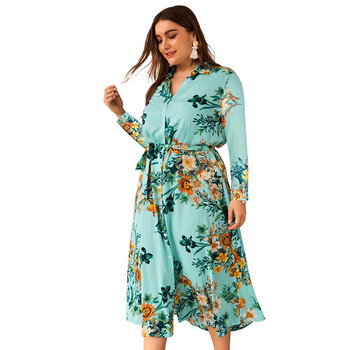 Rochie lungă de damă cu mâneci lungi și legături în talie cu model albastru și floral