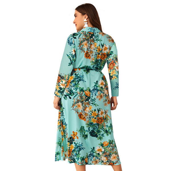 Rochie lungă de damă cu mâneci lungi și legături în talie cu model albastru și floral