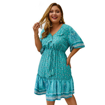Rochie casual de dama cu decolteu in V si motive florale in doua culori
