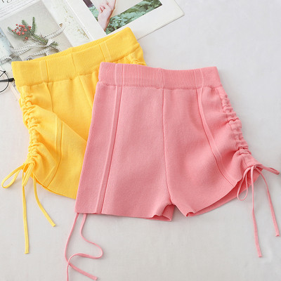 Модени дамски къси панталони с висока талия и връзки в жълт и розов цвят
