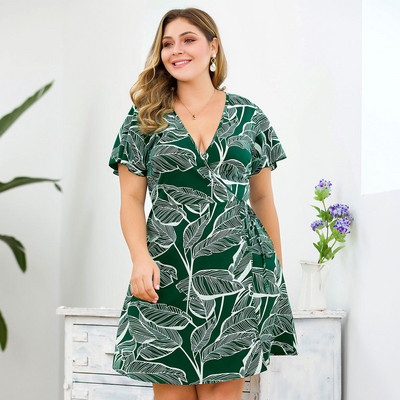 Rochie casual dama cu decolteu in V si legaturi in talie in doua culori - marimi mari