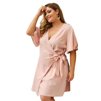 Елегантна дамска рокля с V-образно деколте с 3/4 ръкав в розов цвят