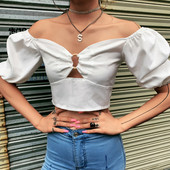 Bluză scurtă de damă cu mâneci largi de culoare albă