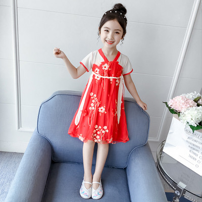 Rochie moderna pentru copii pentru fete cu motive florale in roz si rosu