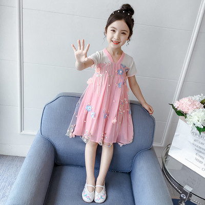 Rochie moderna pentru copii pentru fete cu motive florale in roz si rosu