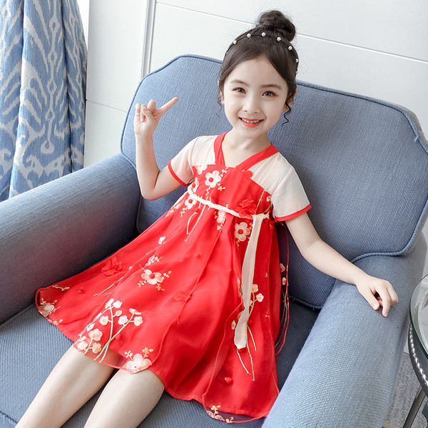 Rochie moderna pentru copii pentru fete cu motive florale in roz si rosu