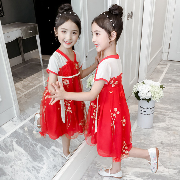 Rochie moderna pentru copii pentru fete cu motive florale in roz si rosu