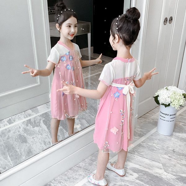 Rochie moderna pentru copii pentru fete cu motive florale in roz si rosu