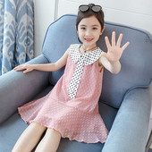 Rochie pentru copii la modă pentru fete în trei culori cu buline și panglică