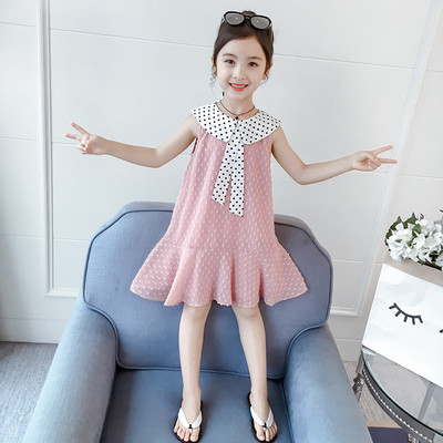 Rochie pentru copii la modă pentru fete în trei culori cu buline și panglică