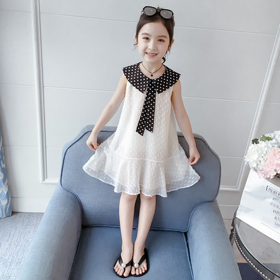 Rochie pentru copii la modă pentru fete în trei culori cu buline și panglică