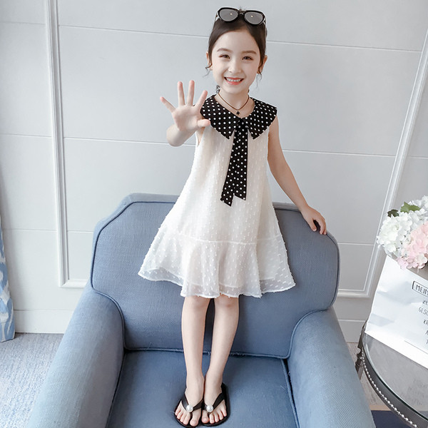 Rochie pentru copii la modă pentru fete în trei culori cu buline și panglică
