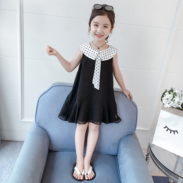 Rochie pentru copii la modă pentru fete în trei culori cu buline și panglică