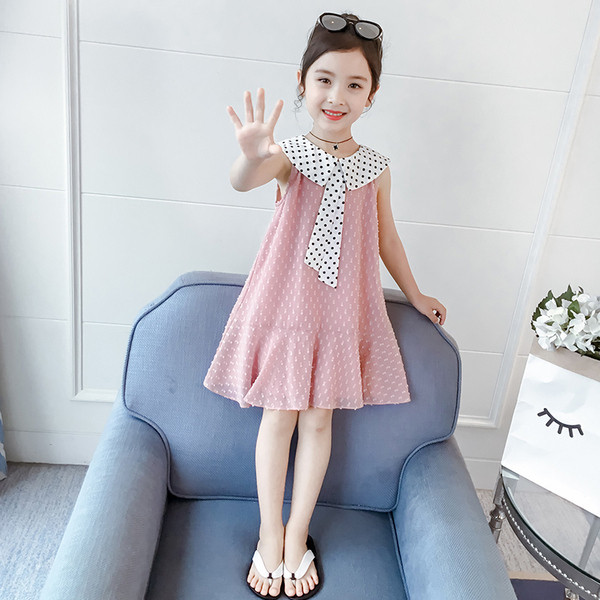 Rochie pentru copii la modă pentru fete în trei culori cu buline și panglică