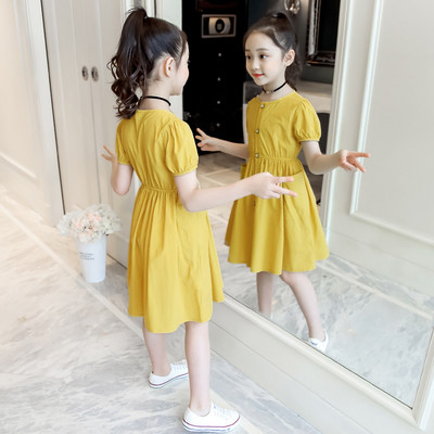Детска модерна рокля за момичета с копчета в два цвята - жълт и син