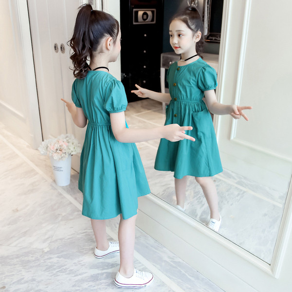 Rochie moderna pentru fete pentru copii cu nasturi in doua culori - galben si albastru