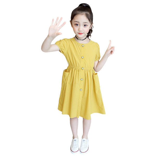 Rochie moderna pentru fete pentru copii cu nasturi in doua culori - galben si albastru