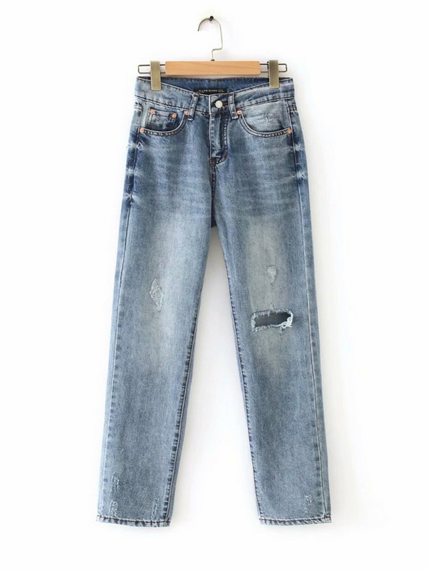 Blugi de dama model drept cu motive rupte in albastru